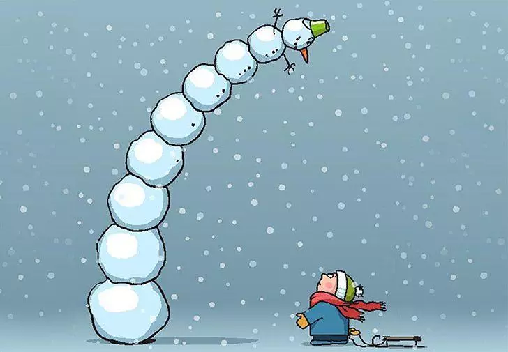 Snowman towering over child