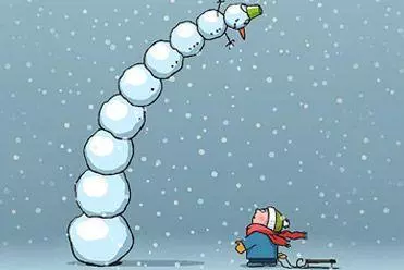 Snowman towering over child
